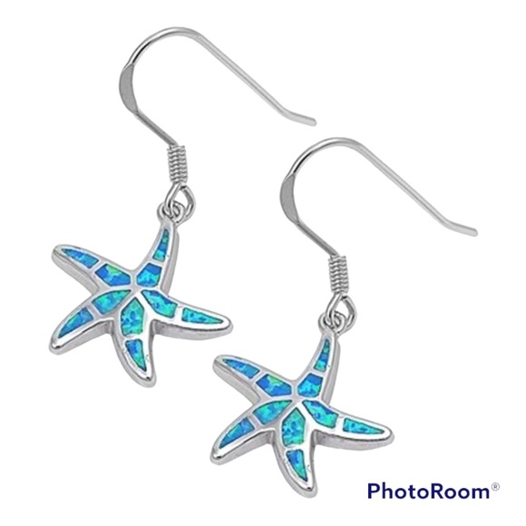 Sterling Silver Starfish Earrings with Hooks and Inlaid Blue Lab Creates Opal - Picture 2 of 3